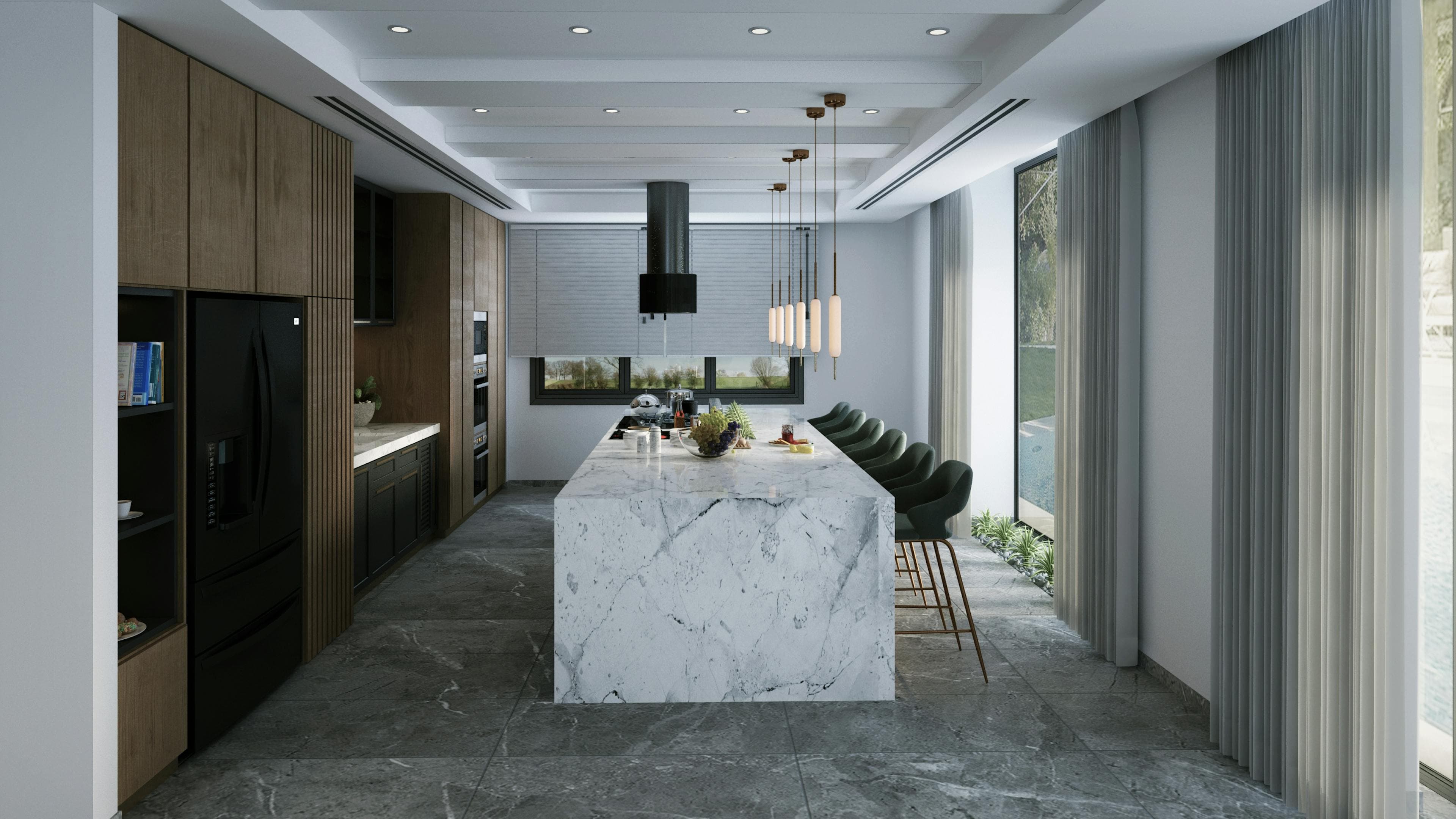 A dramatic open-concept kitchen with custom wood cabinetry, a marble waterfall island, and floor-to-ceiling windows — design-build remodeling by Bay State Remodeling in Greater Boston