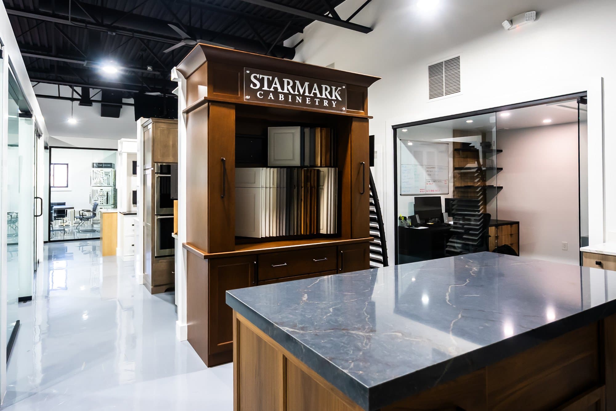 Cabinet display with door samples in our Waltham showroom, Bay State Kitchen Gallery