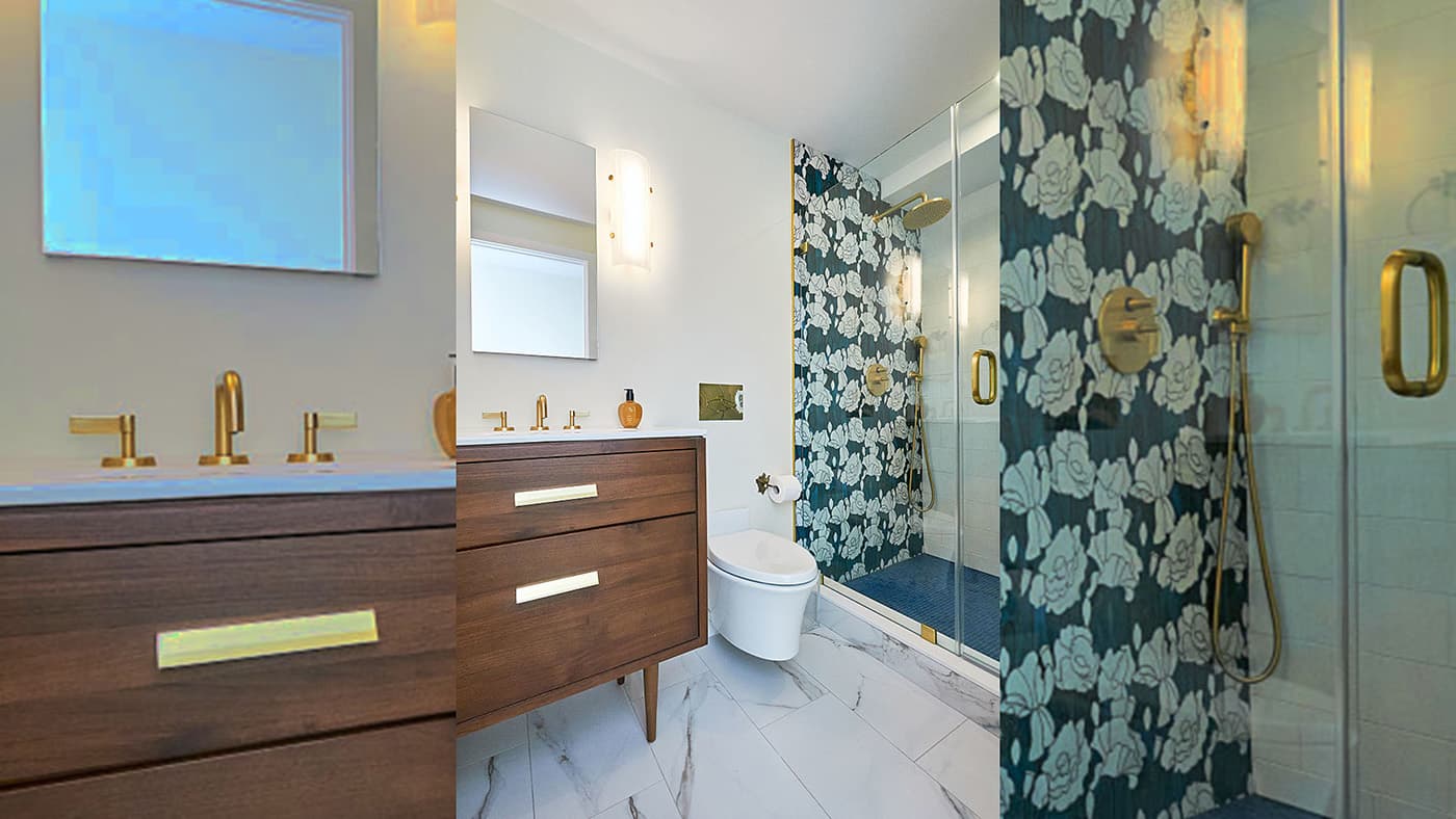 Renovated 8th St. Charlestown bathroom with walnut vanity, gold fixtures, and floral wallpaper shower surround