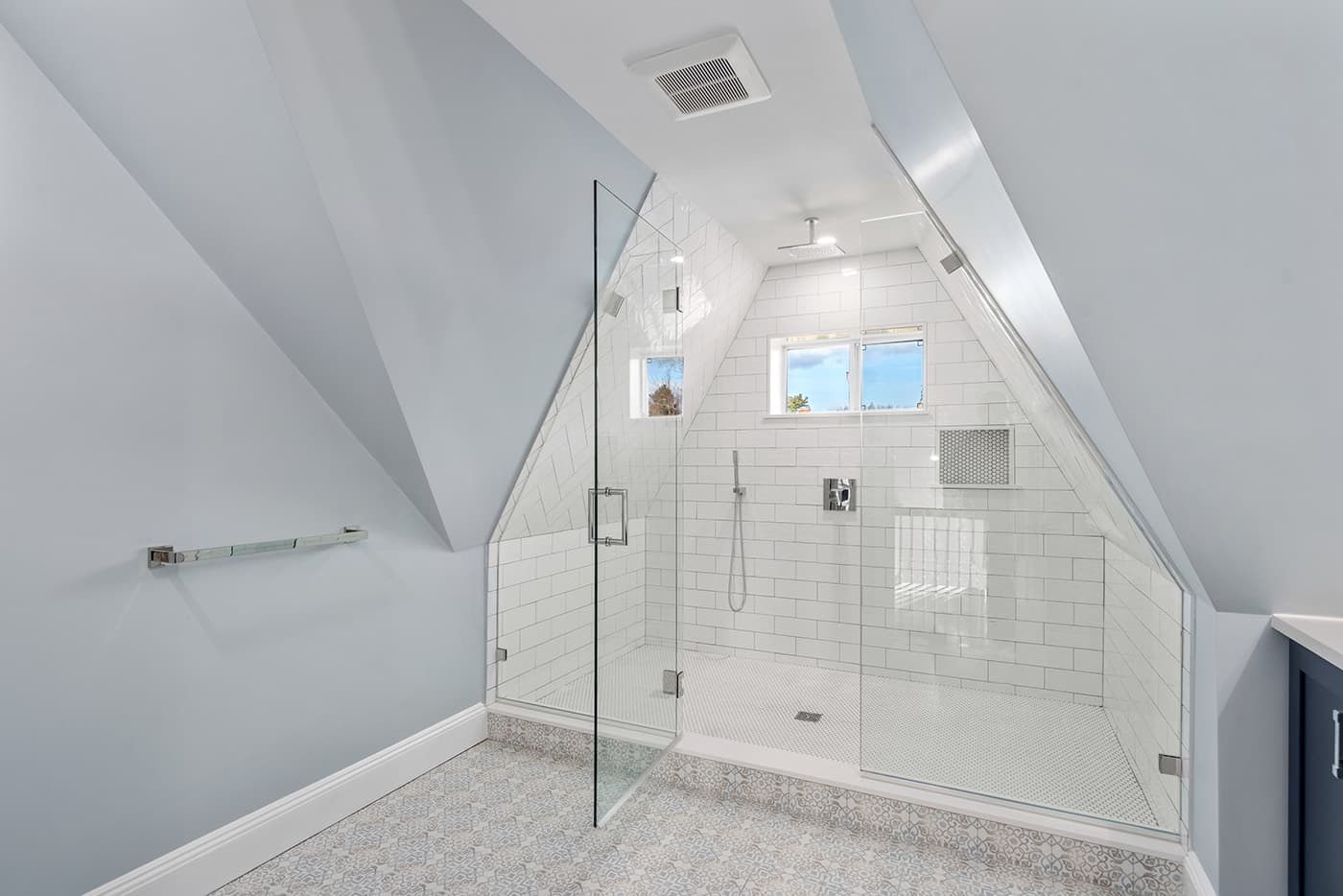 Auburndale Ave. Newton attic bath remodel with glass walk-in shower, subway tile, and patterned floor tile