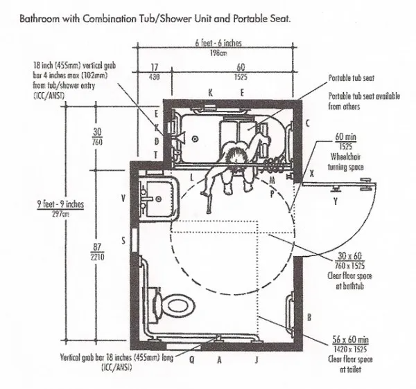 Bathroom layout with combination tub/shower unit and portable seat, designed for accessibility and functionality.