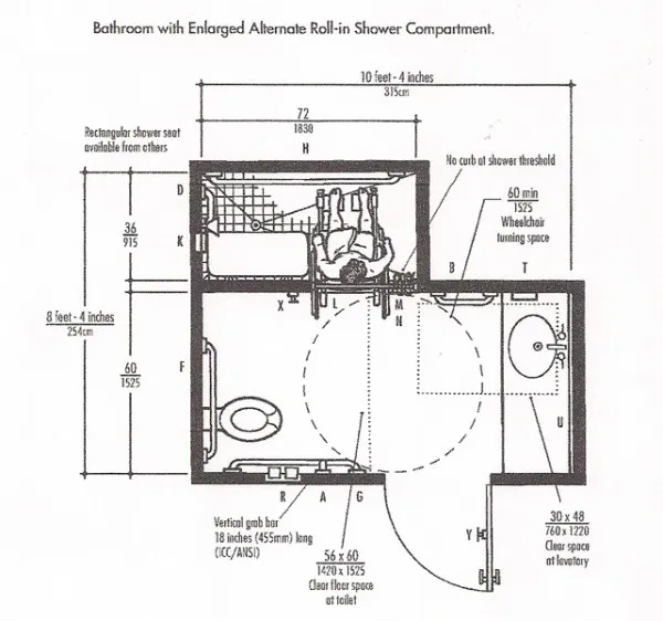 Accessible bathroom layout with roll-in shower, modern design, 10x8 feet, ideal for mobility needs.
