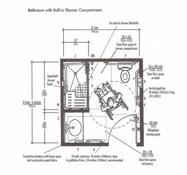 Bathroom layout plan featuring a roll-in shower compartment and accessible design for easy mobility.