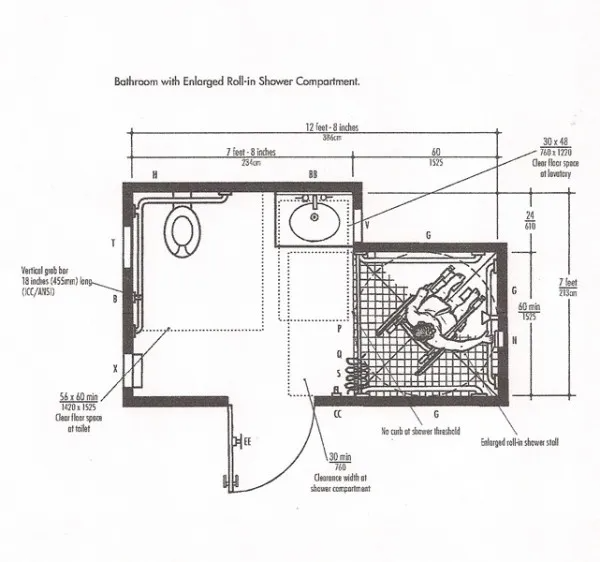 Bathroom layout with enlarged roll-in shower compartment, designed for accessibility and comfort.
