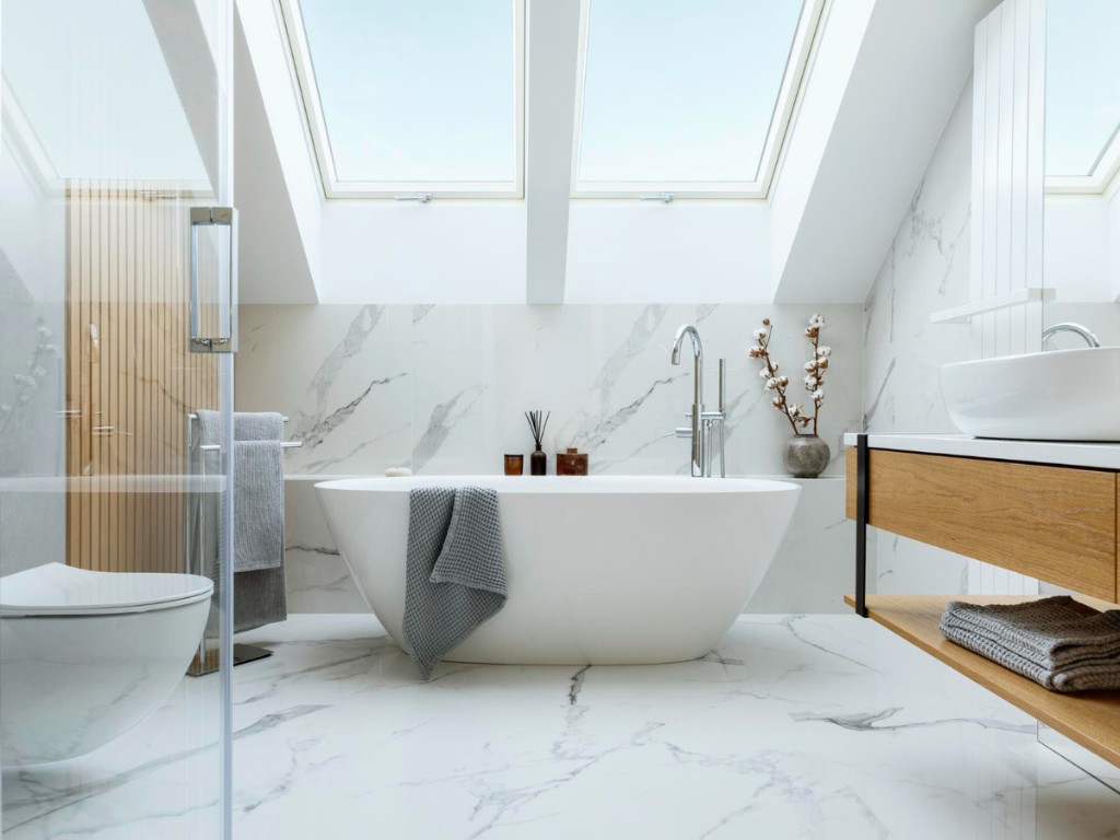 stylish bathroom interior design with marble panels bathtub