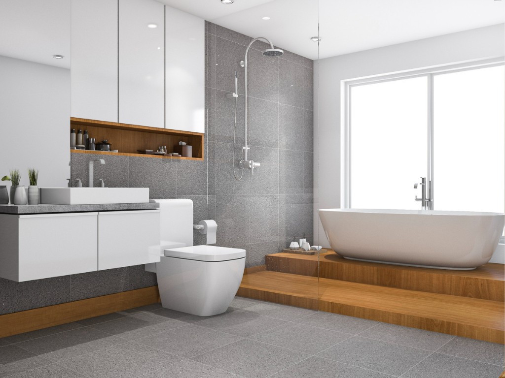 wood step bathroom toilet near window