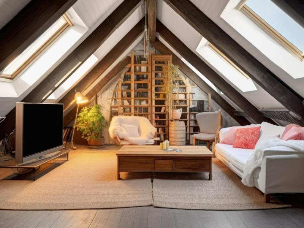 attic cozy interior design with wooden floor skylight