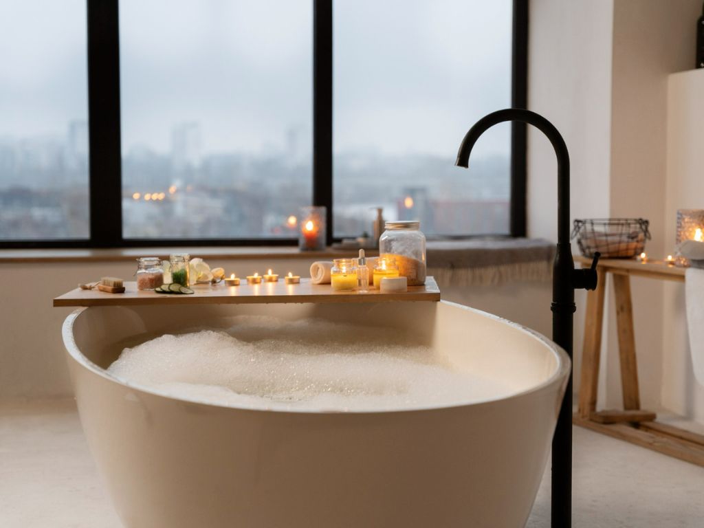 bathroom with candles bathtub filled with water