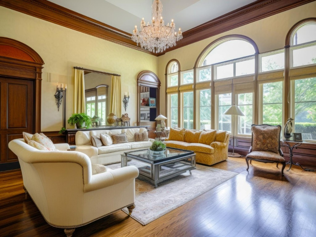 living room filled with furniture chandelier hanging from ceiling