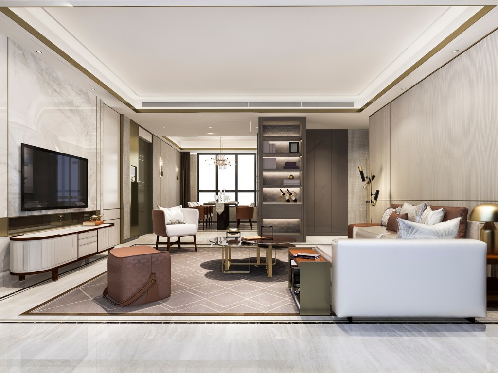 loft luxury living room with bookshelf near dining table