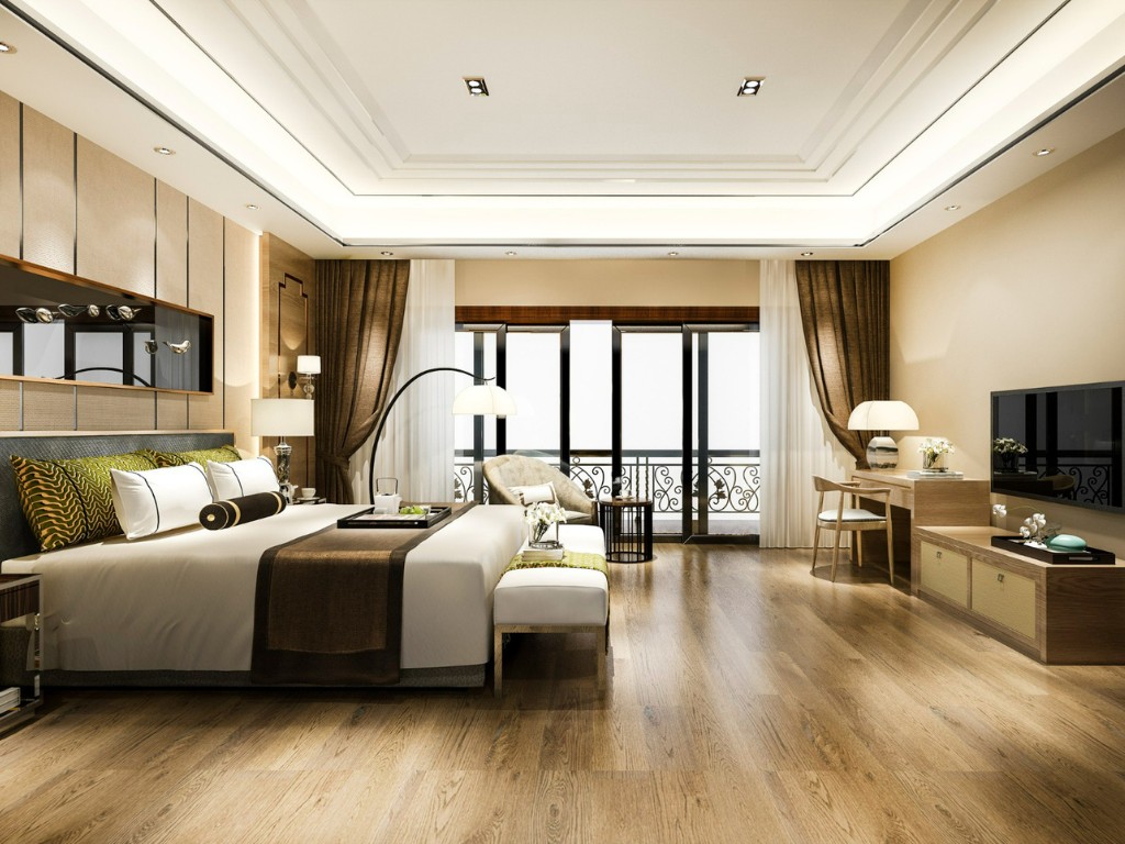 luxury bedroom suite resort high rise hotel with working table