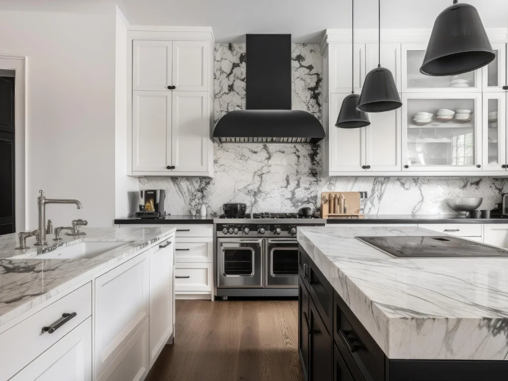 white kitchen with sleek black appliances marble