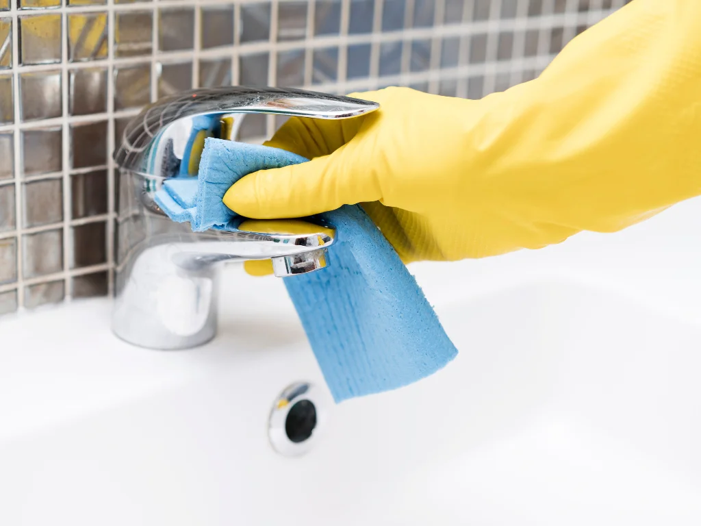 woman cleaning sink bathroom