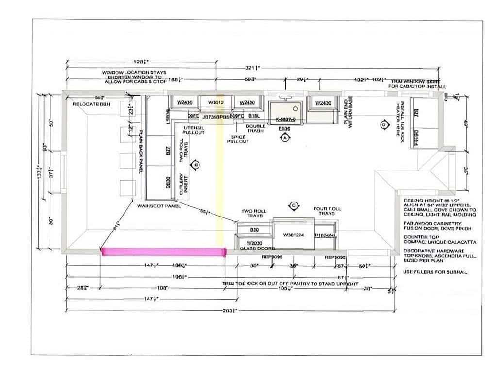 Layout plan for Kitchen remodel at Bowker St., Waltham, detailing dimensions and placements of the dining room and surrounding areas.