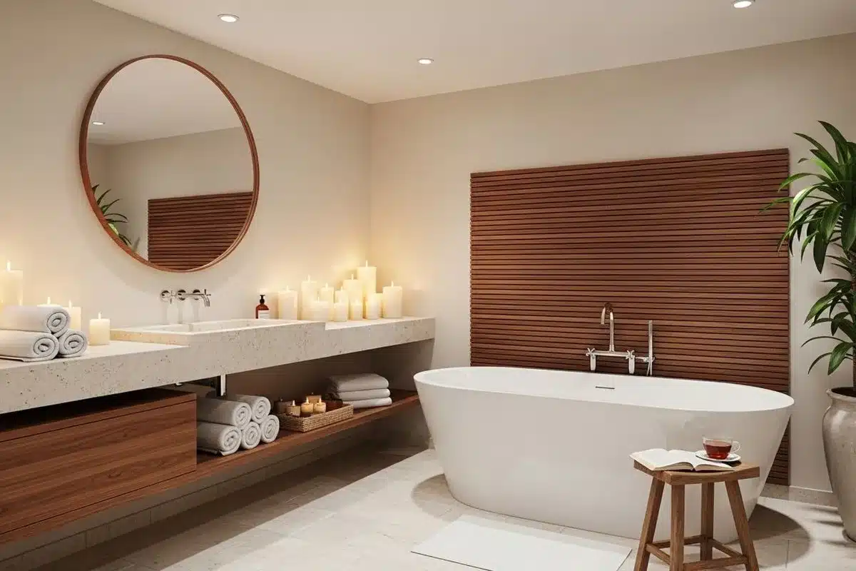 Spa-inspired bathroom remodel ideas featuring a freestanding tub, floating vanity, and warm wood accent wall
