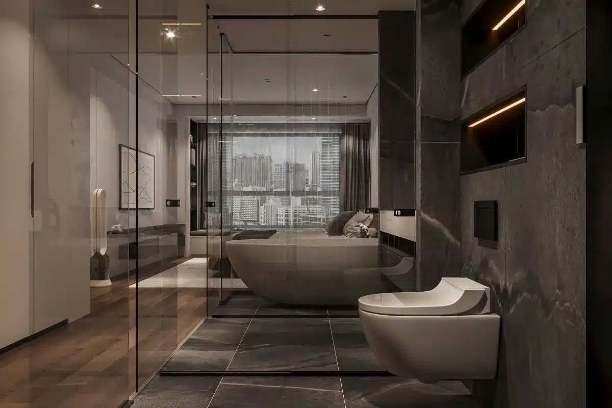 Elegant bathroom decor ideas featuring a round brass-framed mirror, marble vanity, gold fixtures, and glass-enclosed shower