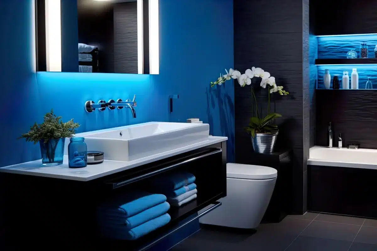 Modern bathroom ideas showcasing a floating vanity with LED-lit mirror and bold blue accent walls