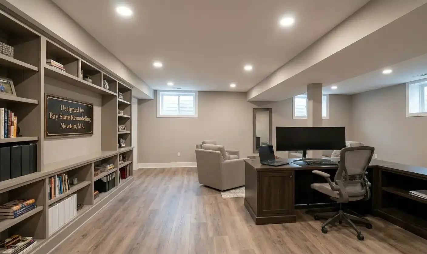 A finished basement home office transformation in a Newton style home