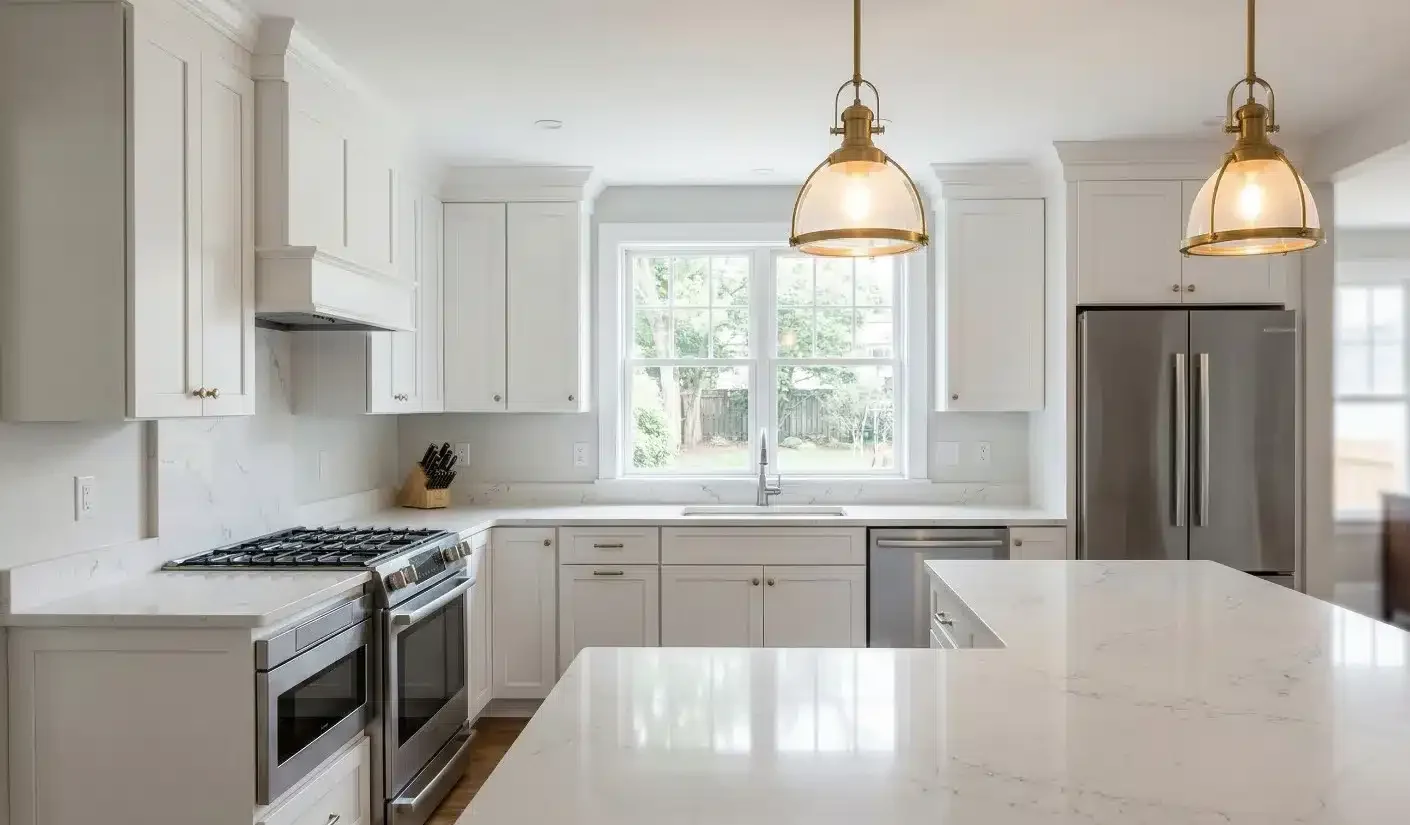 A beautifully renovated kitchen in a Boston or Newton colonial-style home