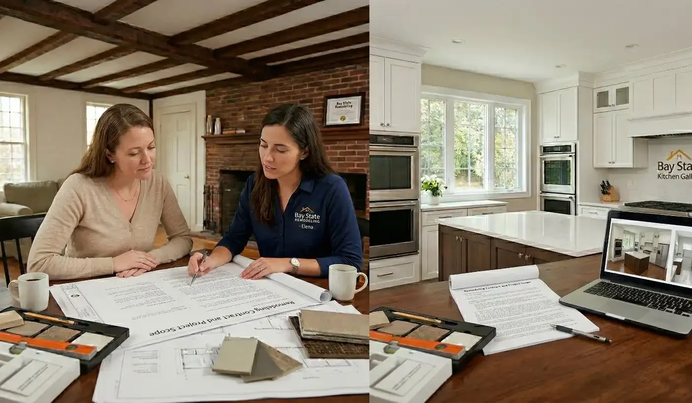 reviewing a written contract and project scope document with a professional remodeling contractor