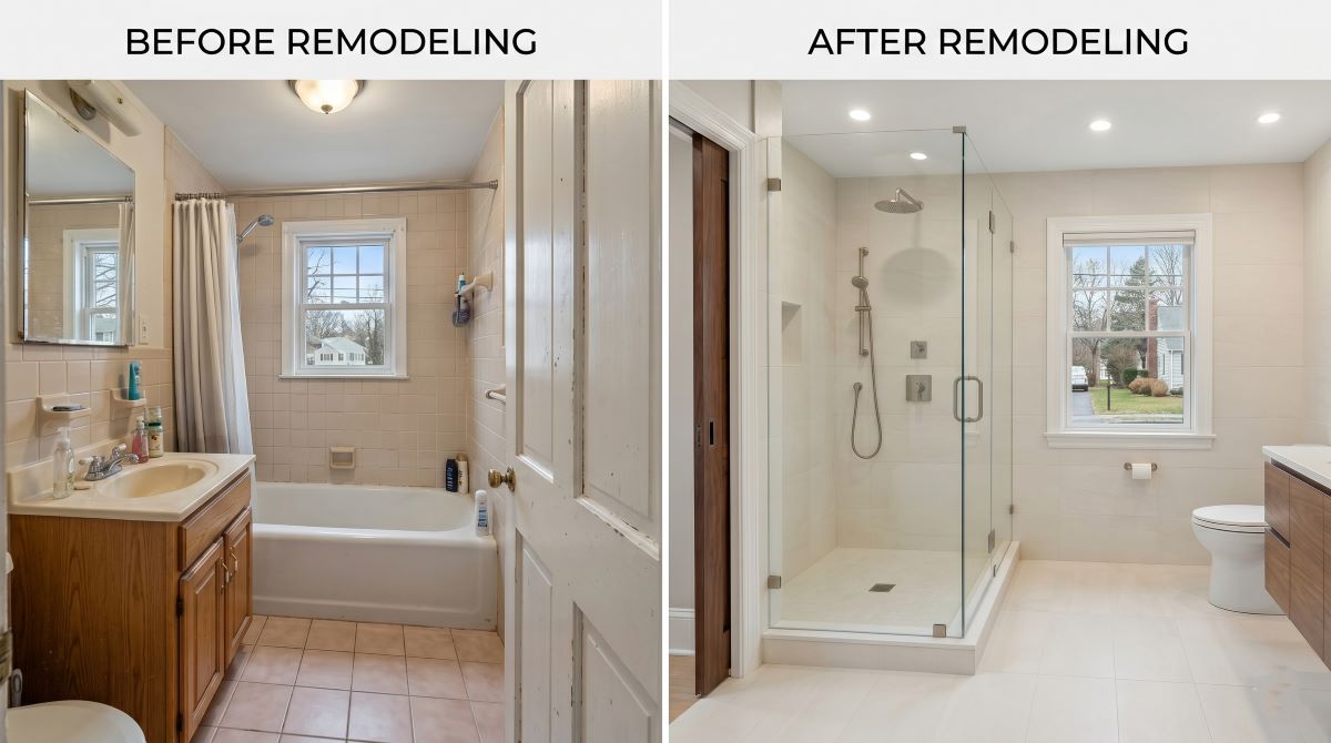 Before and after small bathroom remodel that maximizes space by Bay State Remodeling in Boston MA.
