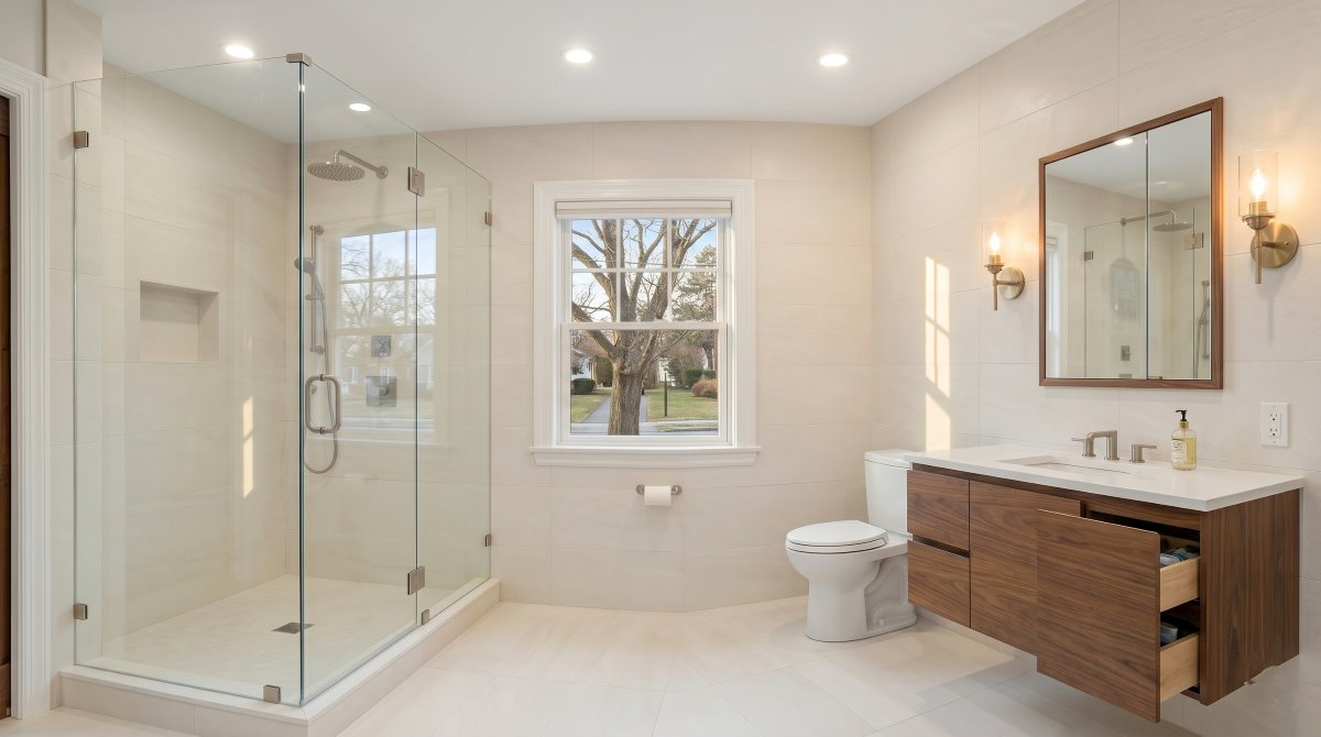 Completed small bathroom remodel maximizing space in a Newton MA home by Bay State Remodeling