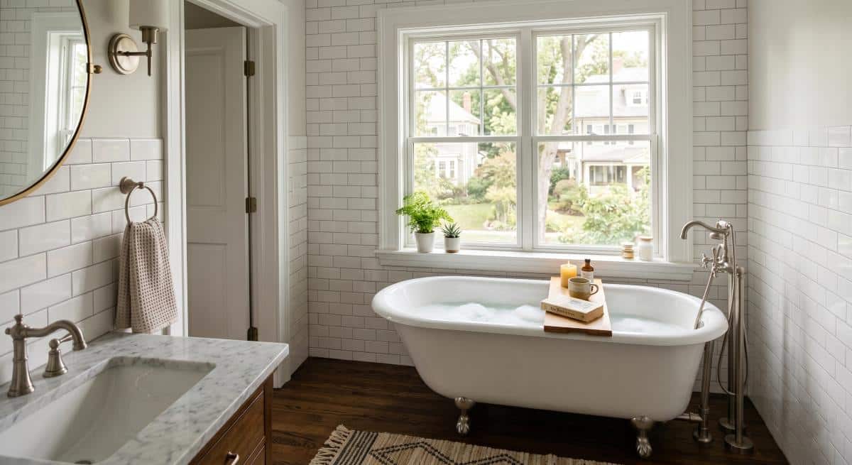 Freestanding bathtub in a renovated Newton MA bathroom designed and built by Bay State Remodeling
