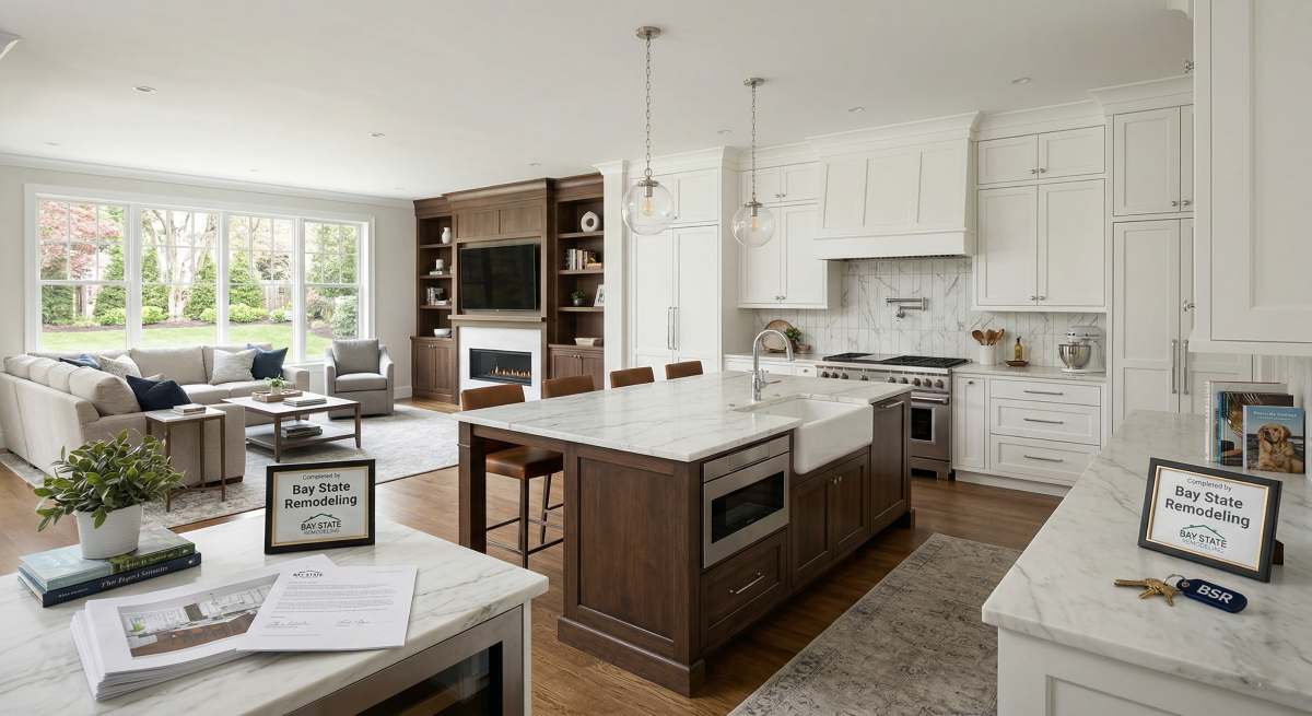open concept kitchen remodeling pros and cons finished result Newton MA - Bay State Remodeling